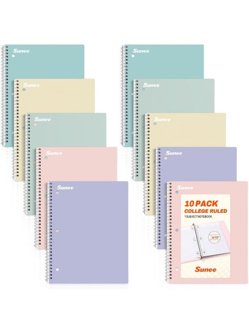 Colorful 10-Pack Spiral Notebooks, 1-Subject, College Ruled, 70 Sheets, 3-Hole